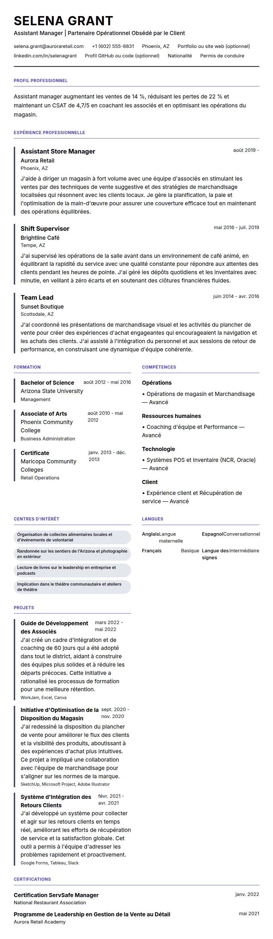 Aperçu du CV Exemple de CV d'Assistant Manager