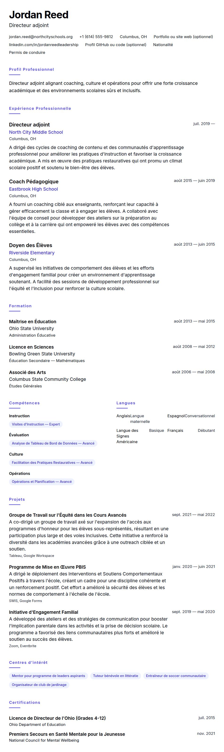 Aperçu du CV Exemple de CV de Directeur Adjoint