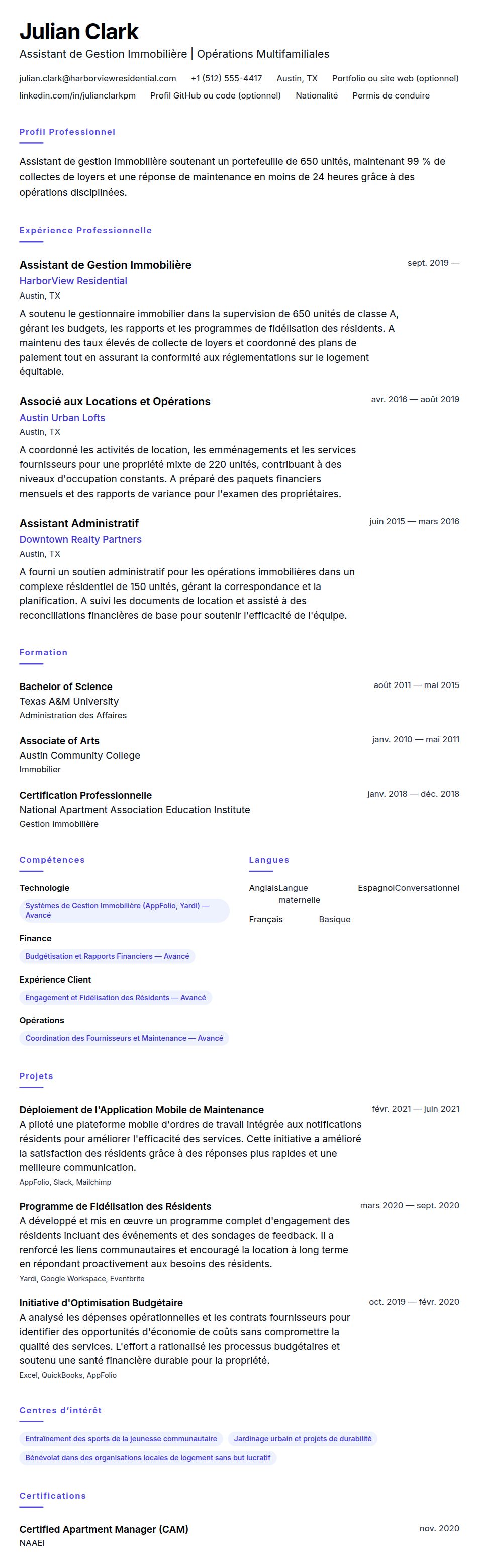 Exemple de CV d'Assistant de Gestion Immobilière