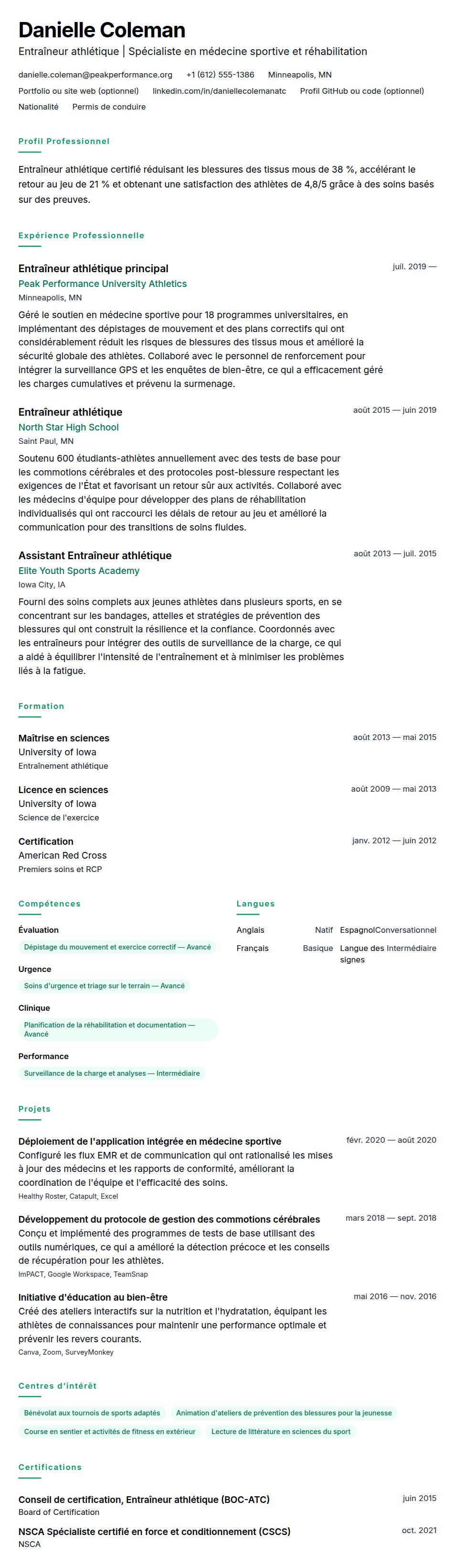 Exemple de CV d'Entraîneur athlétique