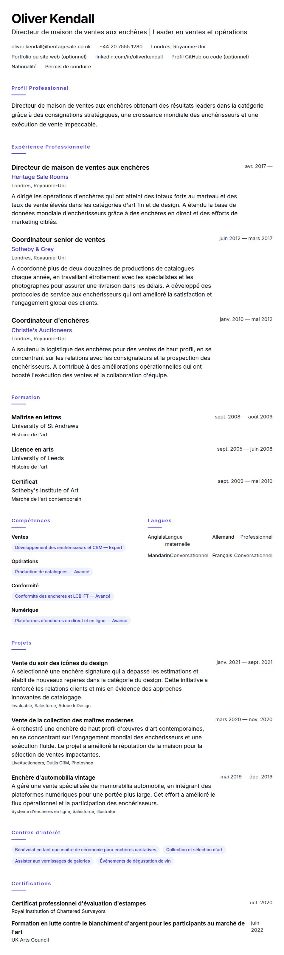 Aperçu du CV Exemple de CV de Directeur de maison de ventes aux enchères