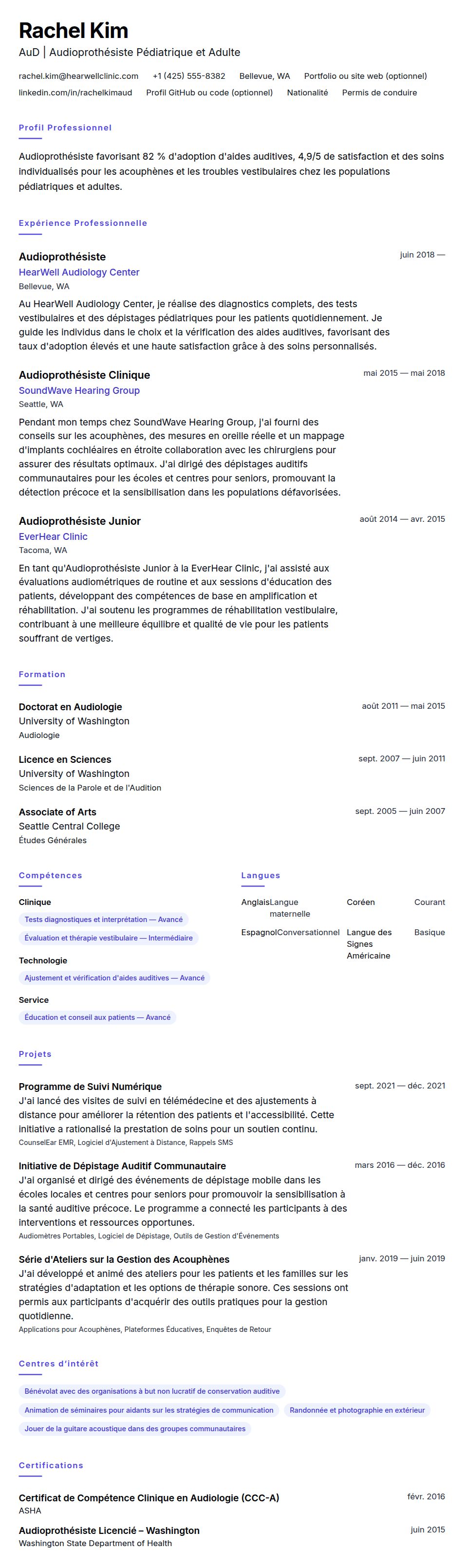 Aperçu du CV Exemple de CV d'Audioprothésiste