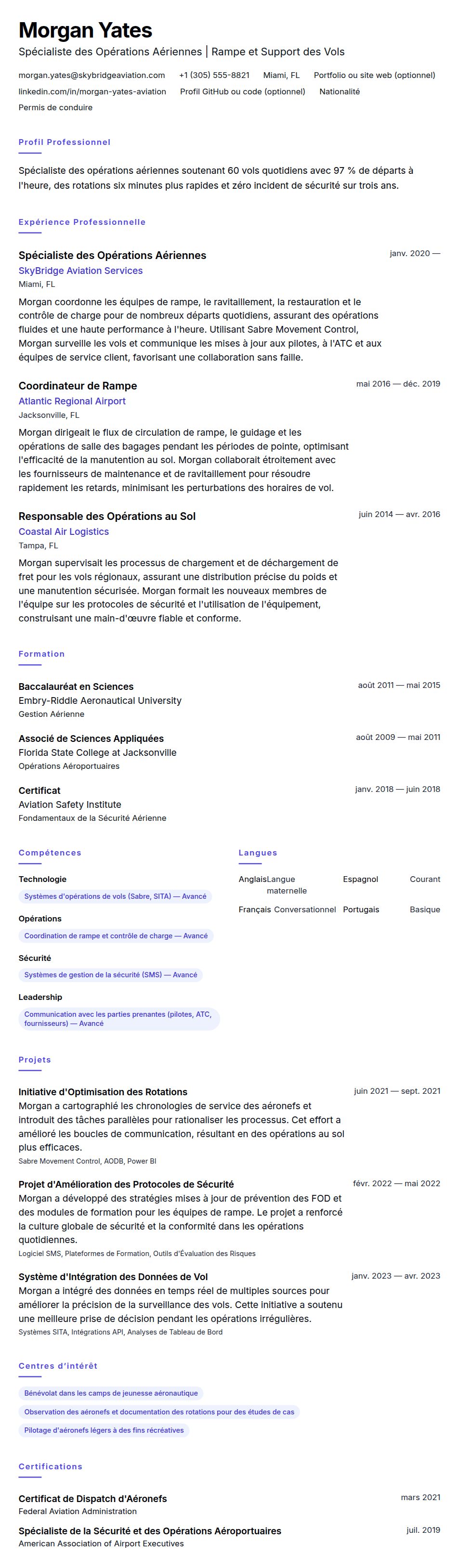 Aperçu du CV Exemple de CV de Spécialiste des Opérations Aériennes