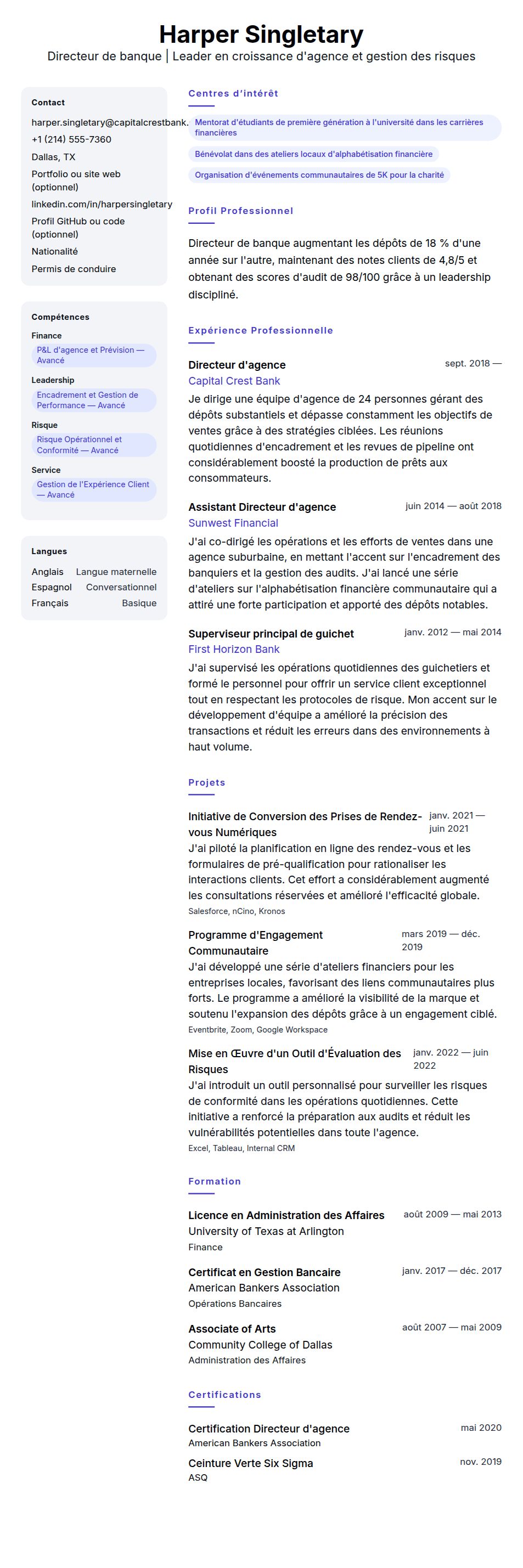 Aperçu du CV Exemple de CV de Directeur de banque