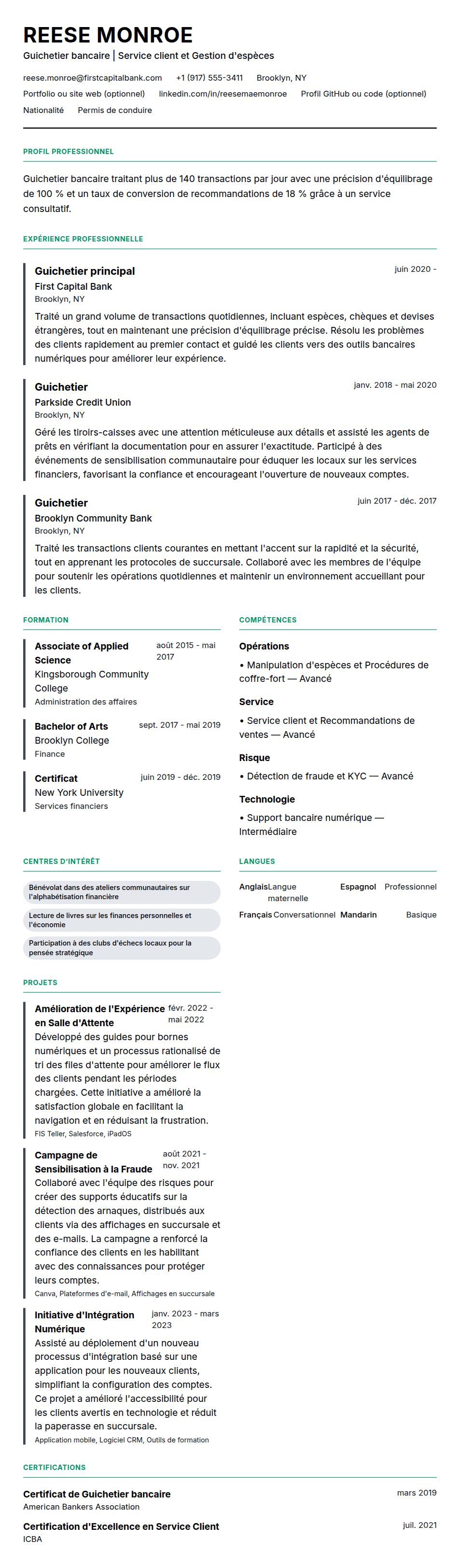 Aperçu du CV Exemple de CV de Guichetier bancaire