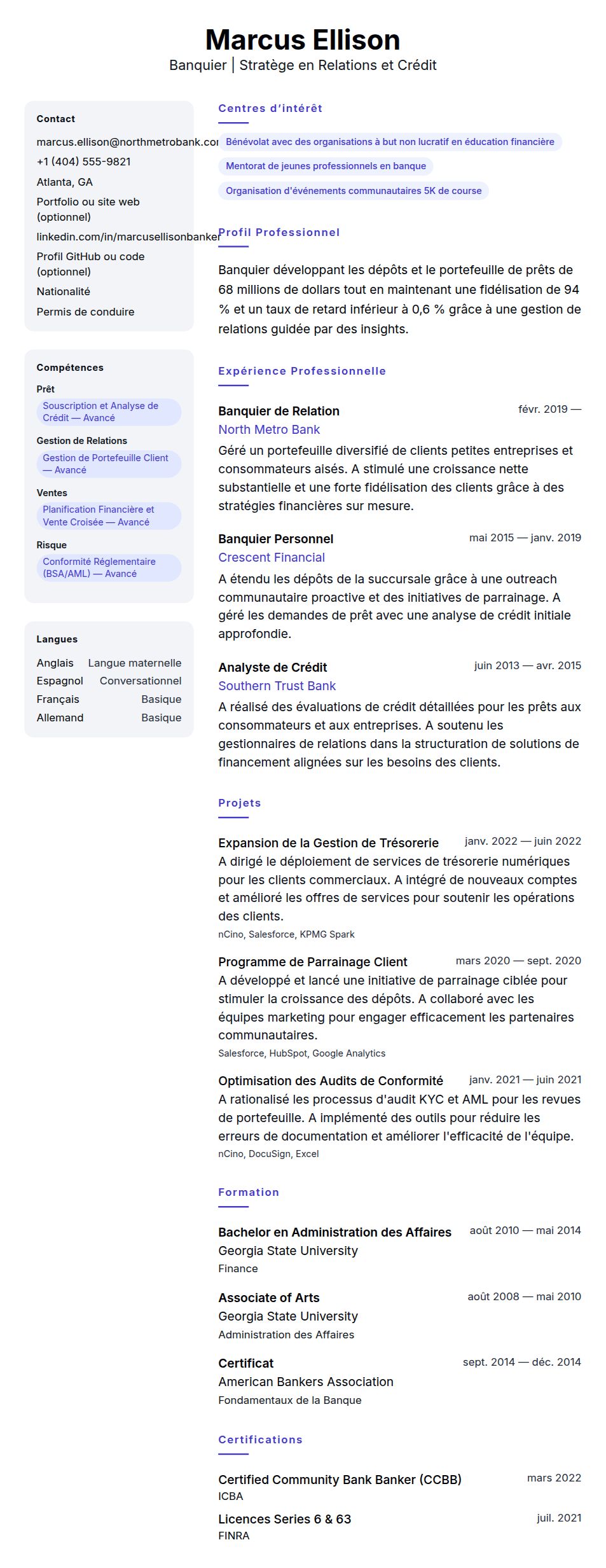 Aperçu du CV Exemple de CV de Banquier