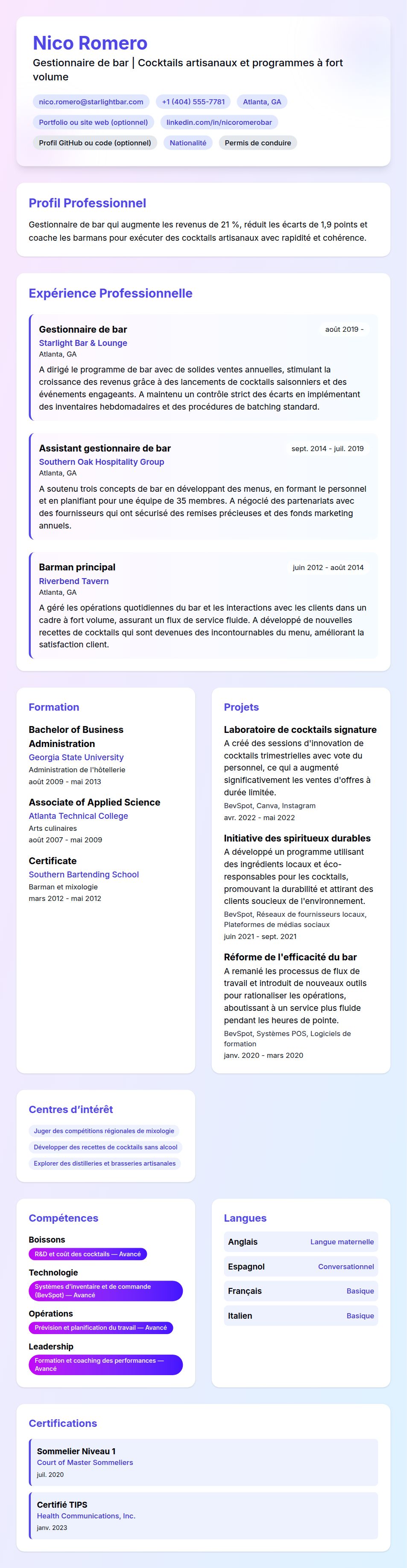 Aperçu du CV Exemple de CV de Gestionnaire de Bar