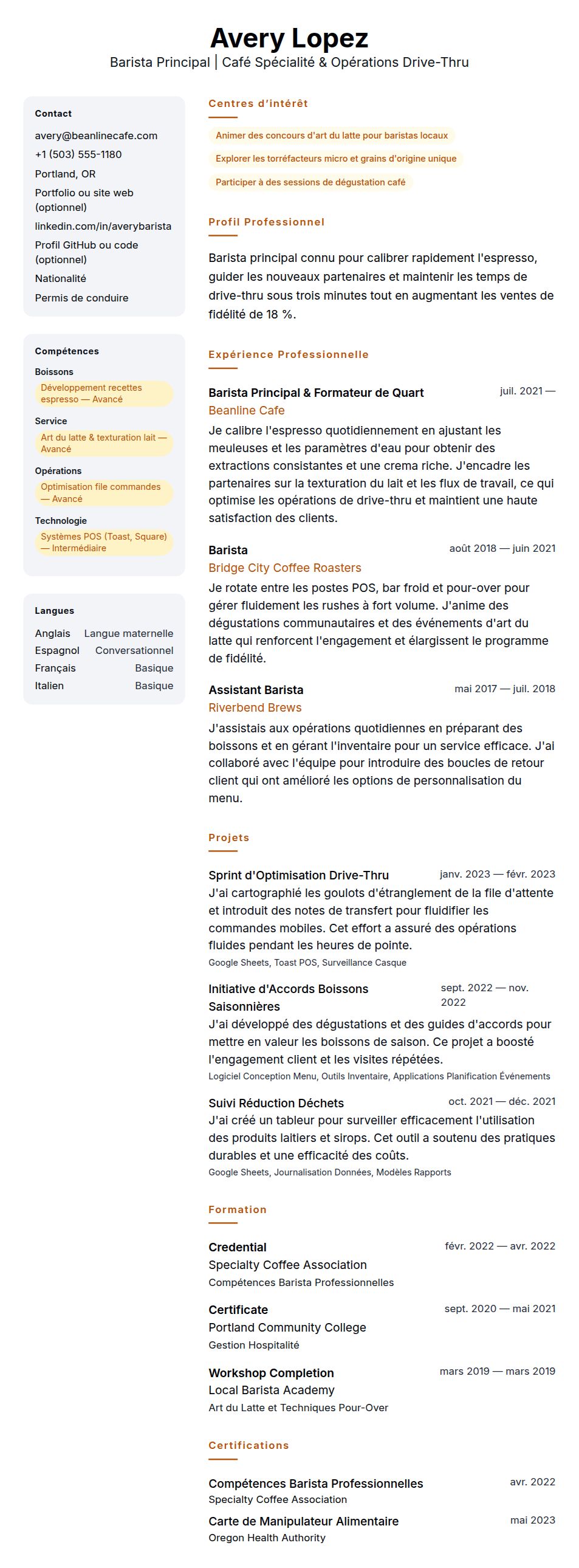 Aperçu du CV Exemple de CV de Barista