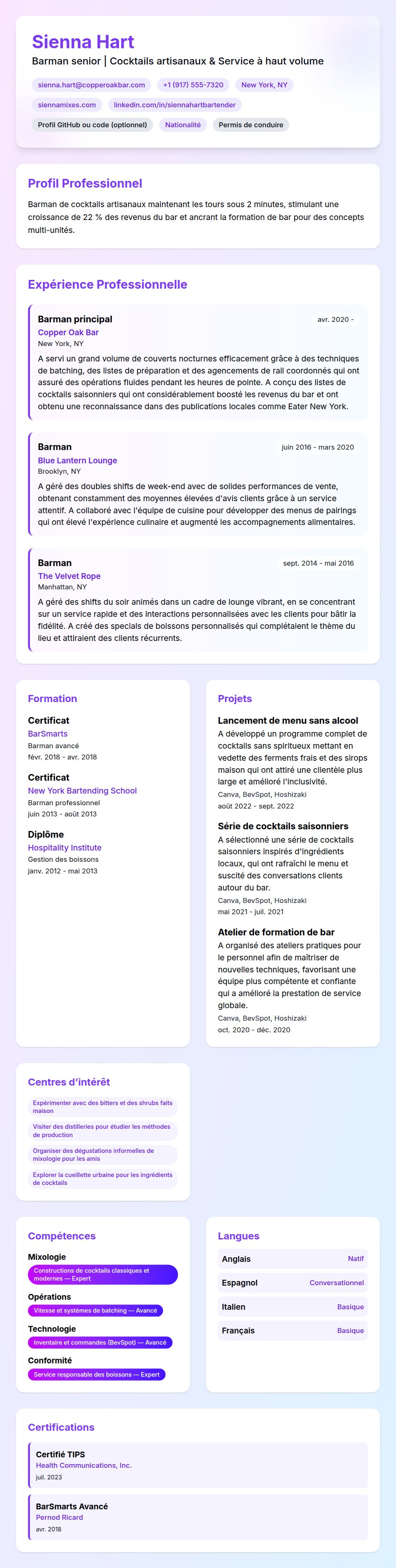 Aperçu du CV Exemple de CV de Barman