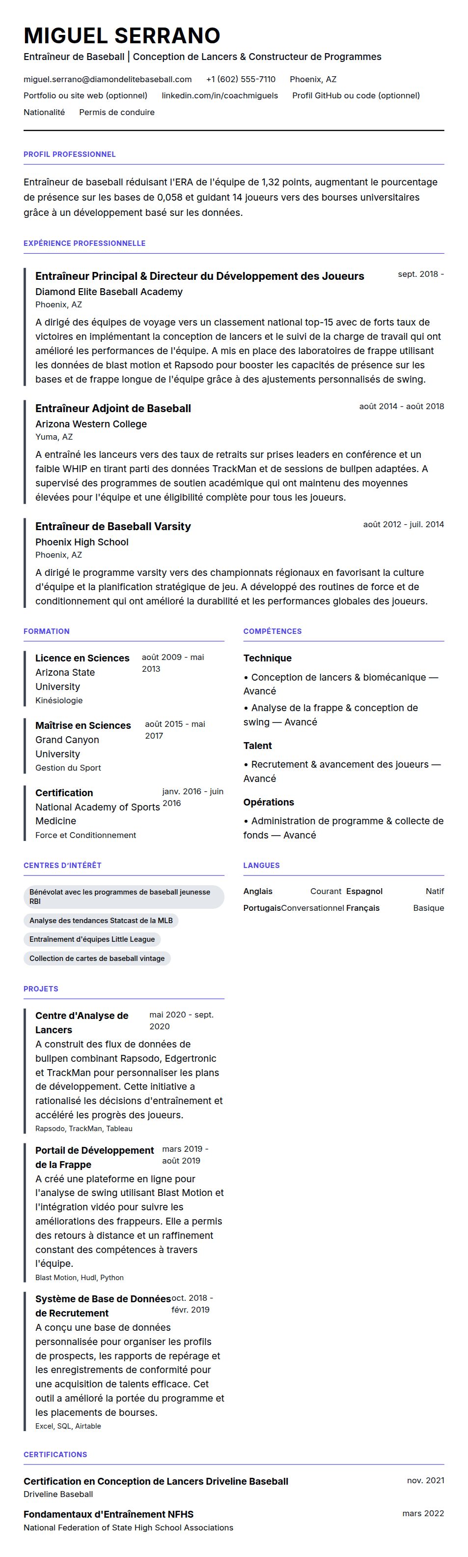 Exemple de CV d'Entraîneur de Baseball