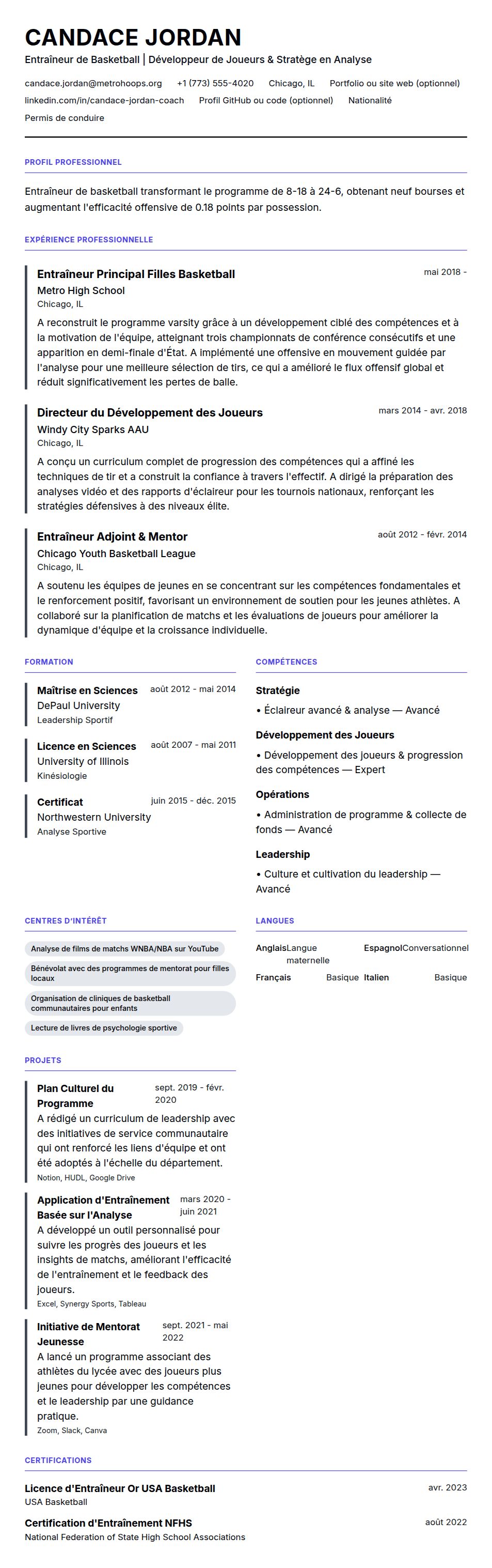 Exemple de CV d'Entraîneur de Basketball