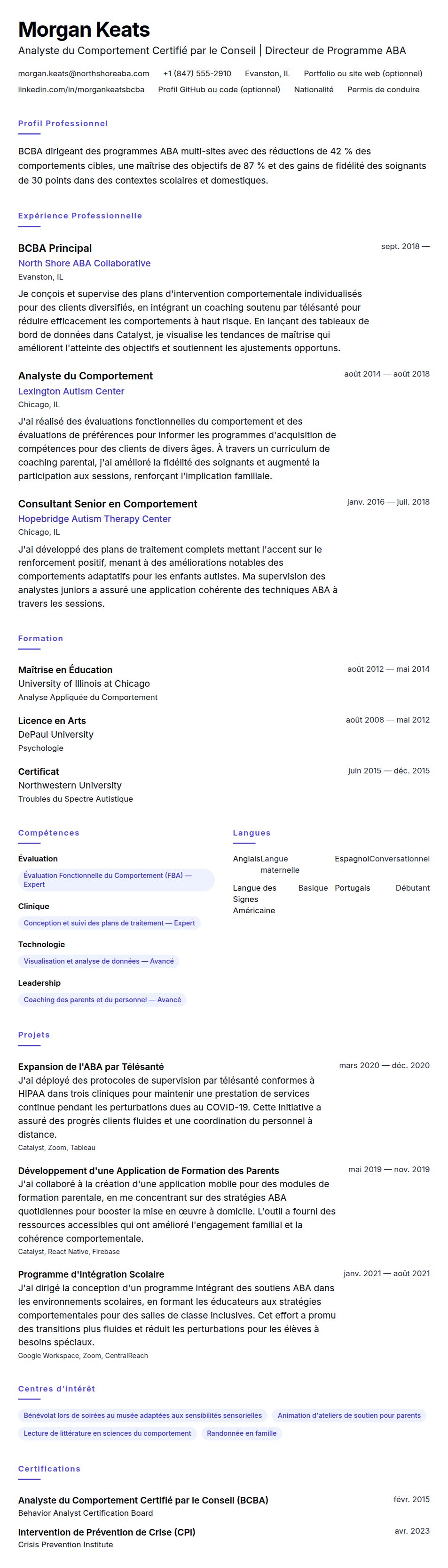 Aperçu du CV Exemple de CV d'Analyste du Comportement Certifié par le Conseil (BCBA)