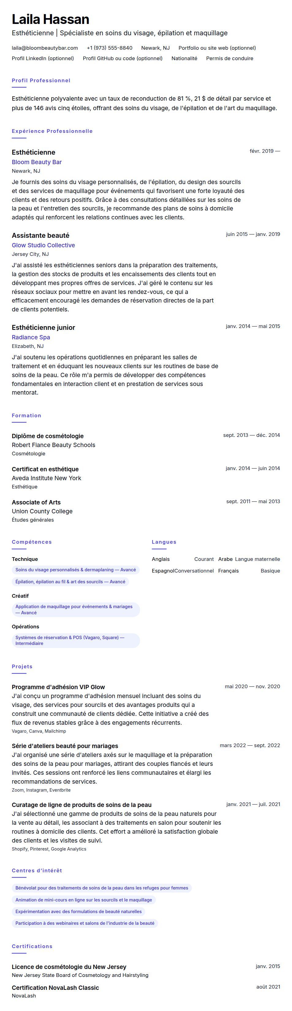 Aperçu du CV Exemple de CV d'Esthéticienne