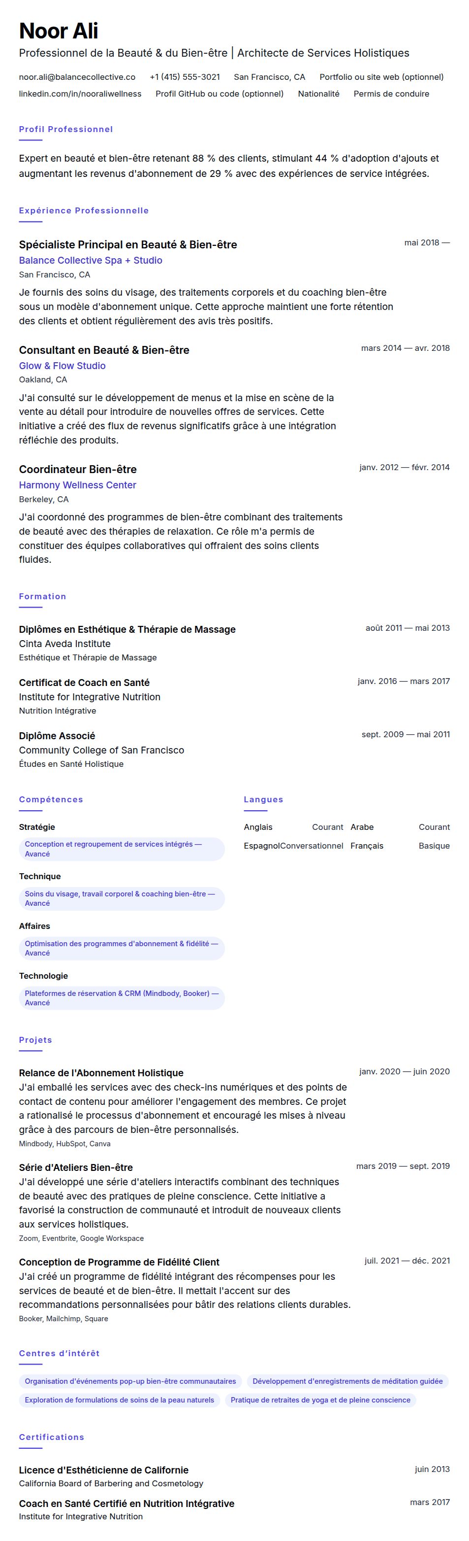 Aperçu du CV Exemple de CV pour Professionnel de la Beauté et du Bien-être