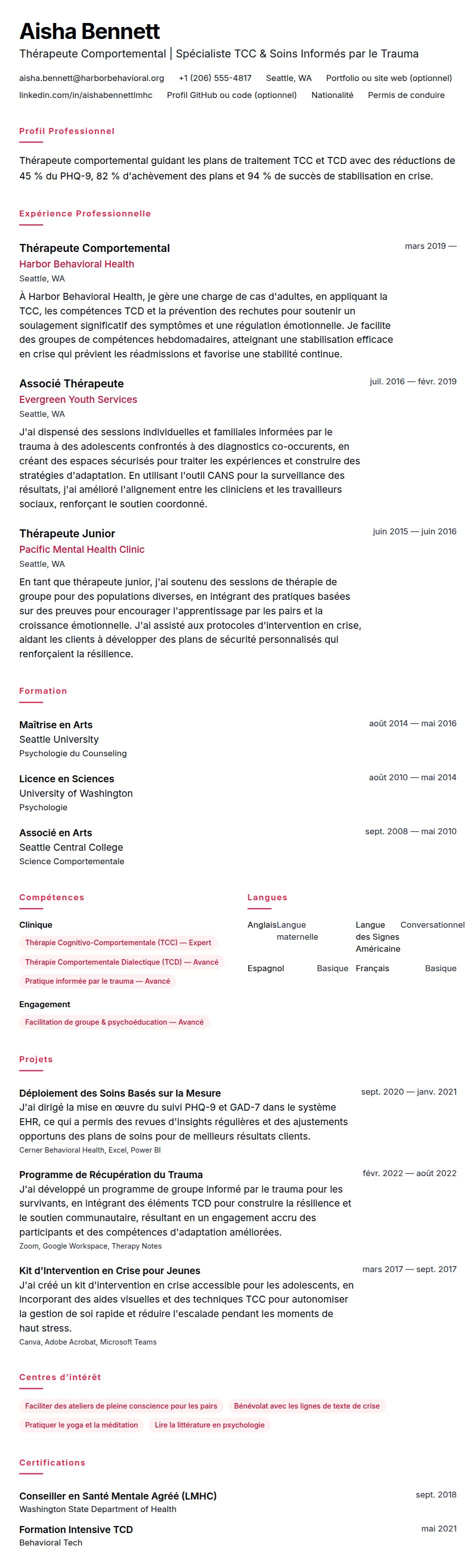 Aperçu du CV Exemple de CV de Thérapeute Comportemental