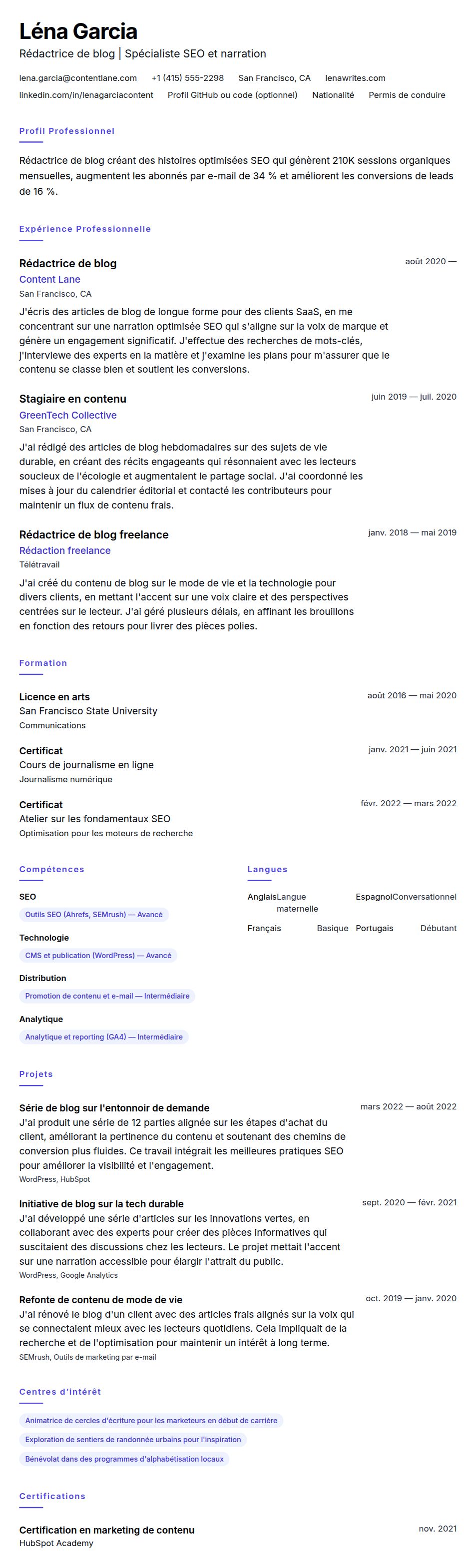Aperçu du CV Exemple de CV de Rédacteur de blog