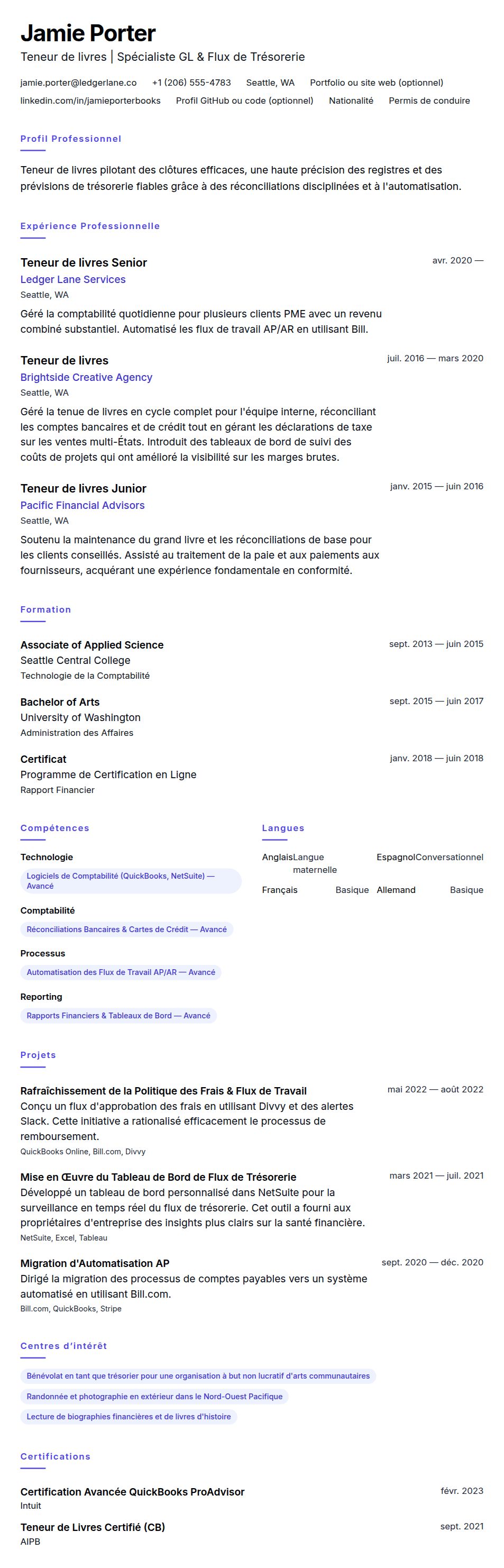 Aperçu du CV Exemple de CV de Teneur de livres
