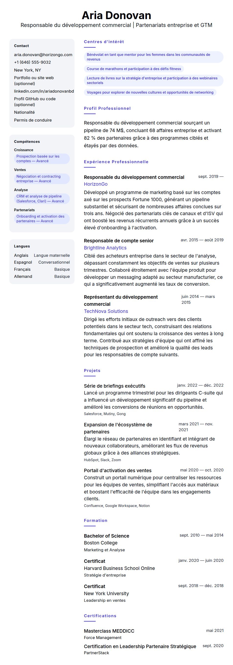 Aperçu du CV Exemple de CV de Responsable du développement commercial