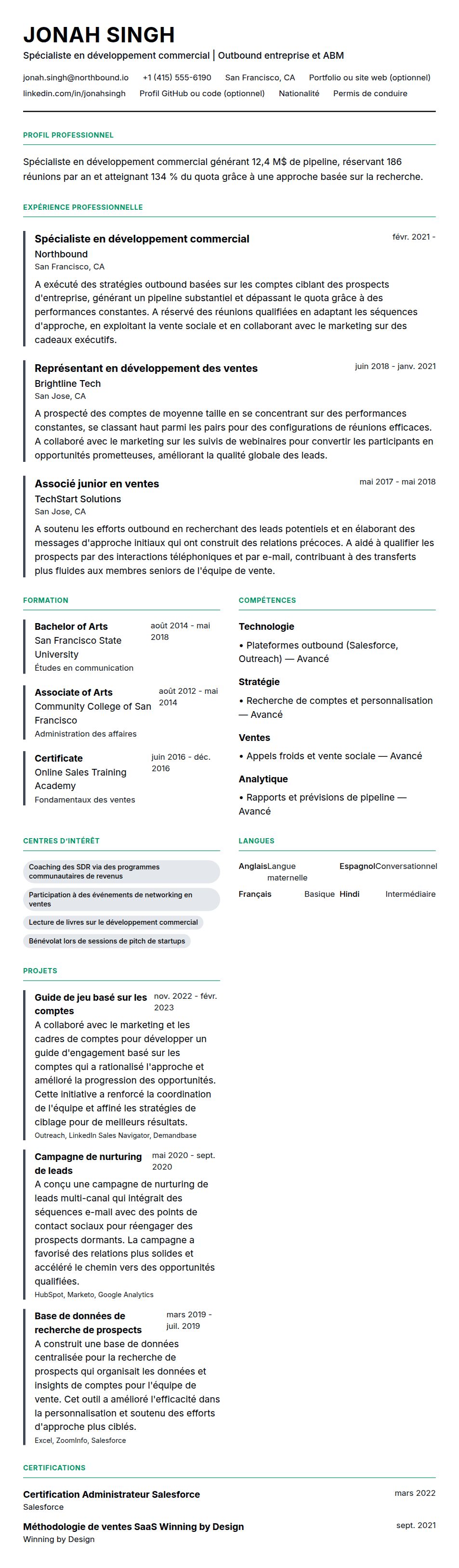 Aperçu du CV Exemple de CV de Spécialiste en développement commercial