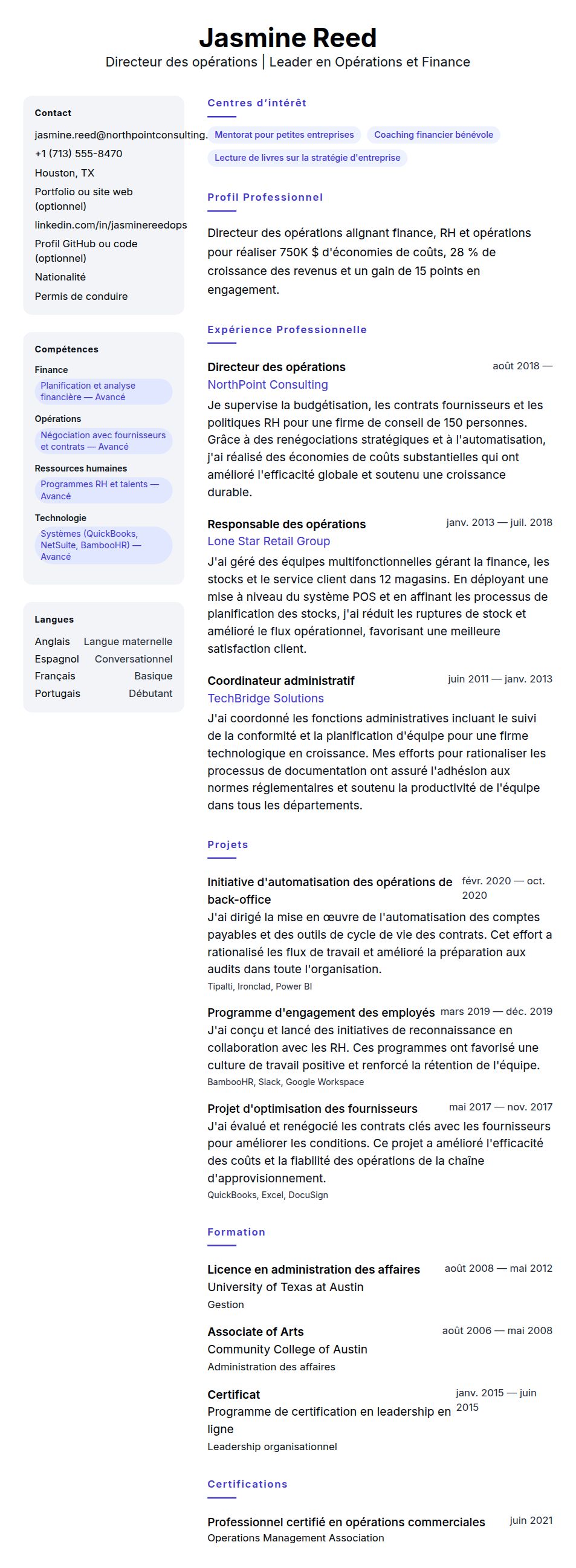 Aperçu du CV Exemple de CV de Directeur des opérations