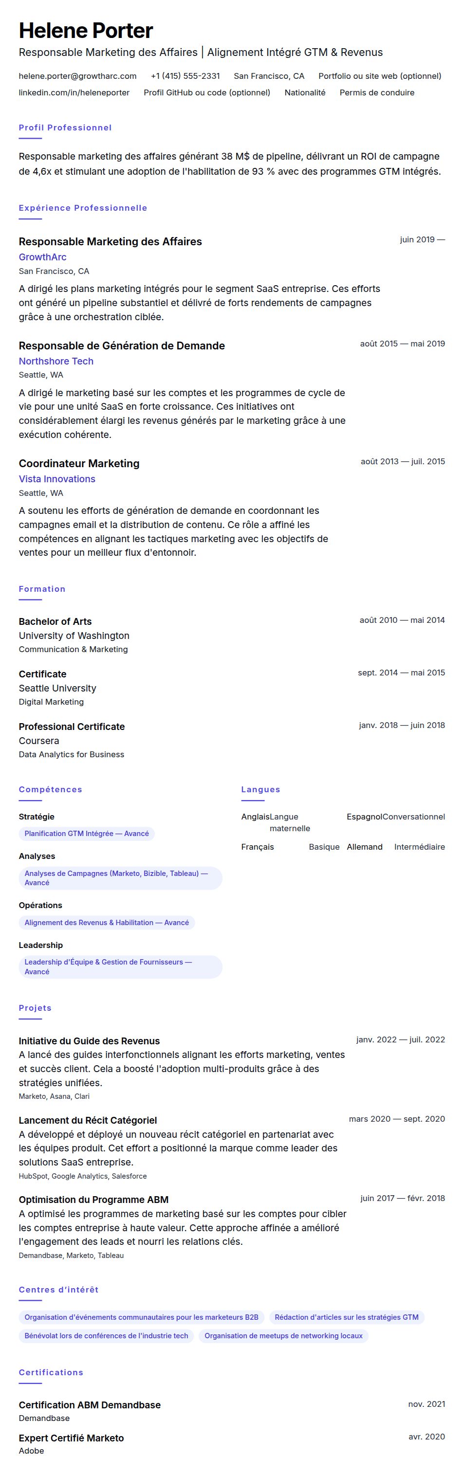 Aperçu du CV Exemple de CV pour Responsable Marketing des Affaires