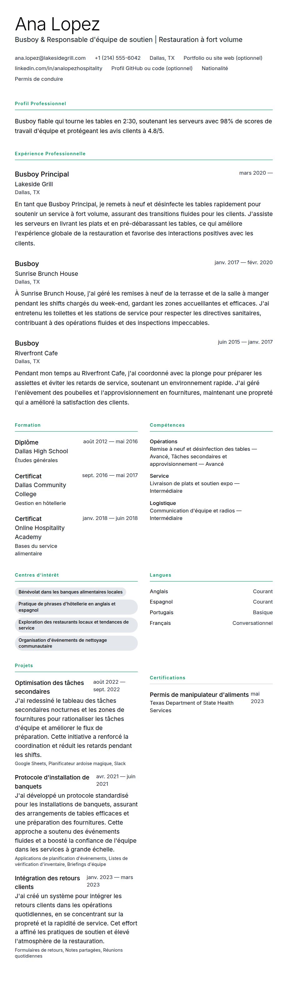 Aperçu du CV Exemple de CV de Busboy