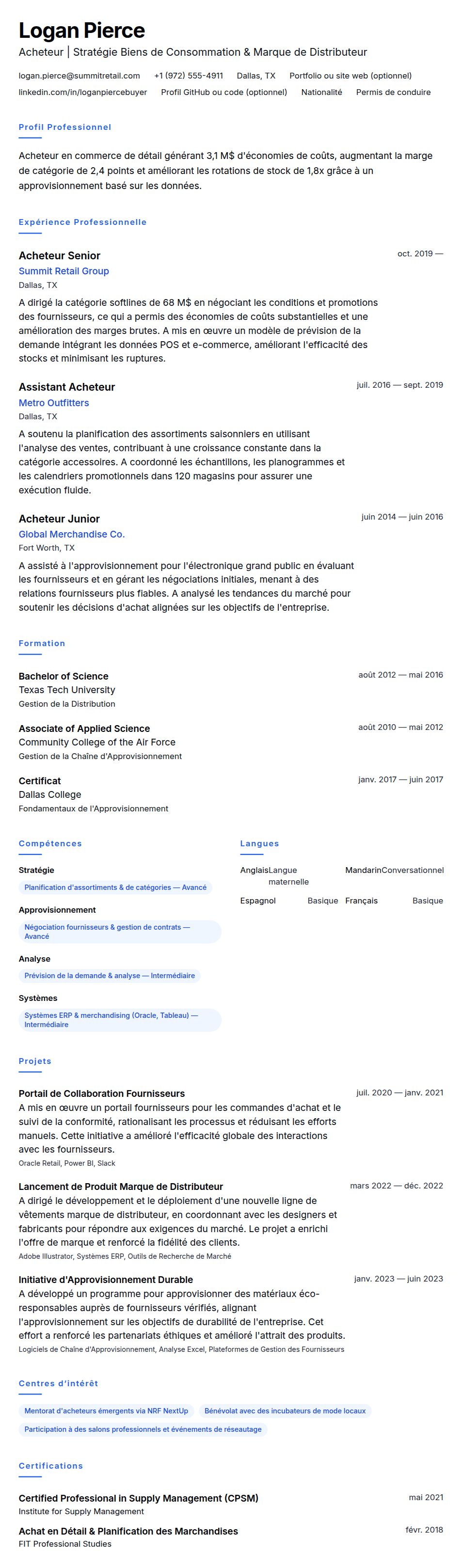Aperçu du CV Exemple de CV d'Acheteur