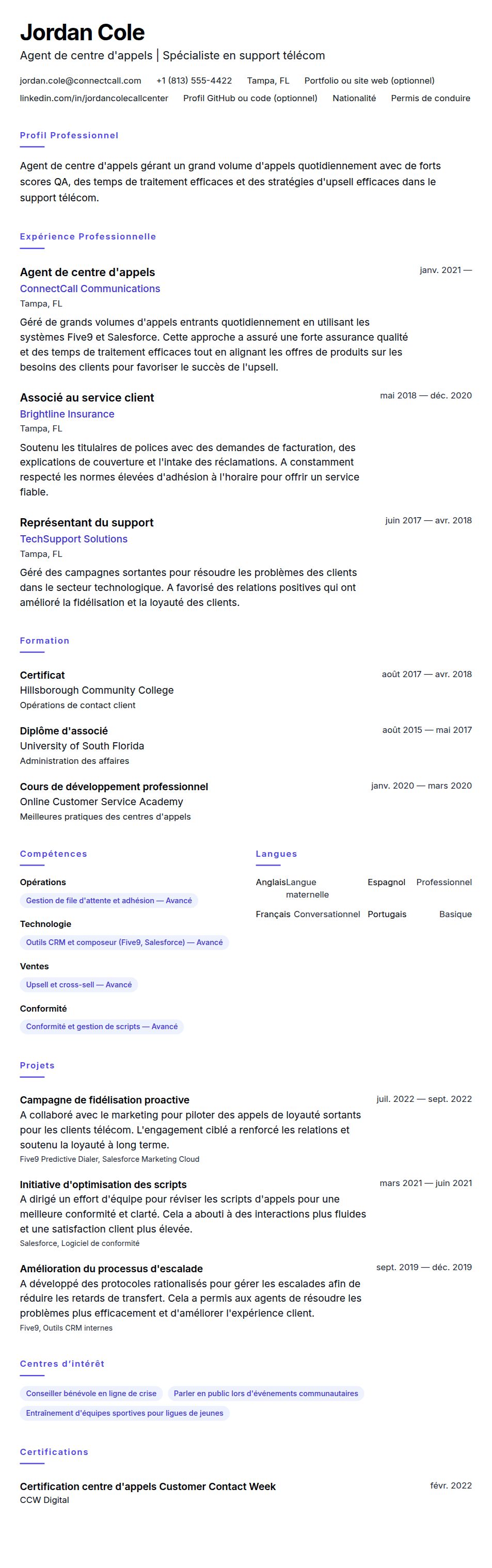 Aperçu du CV Exemple de CV pour Agent de centre d'appels