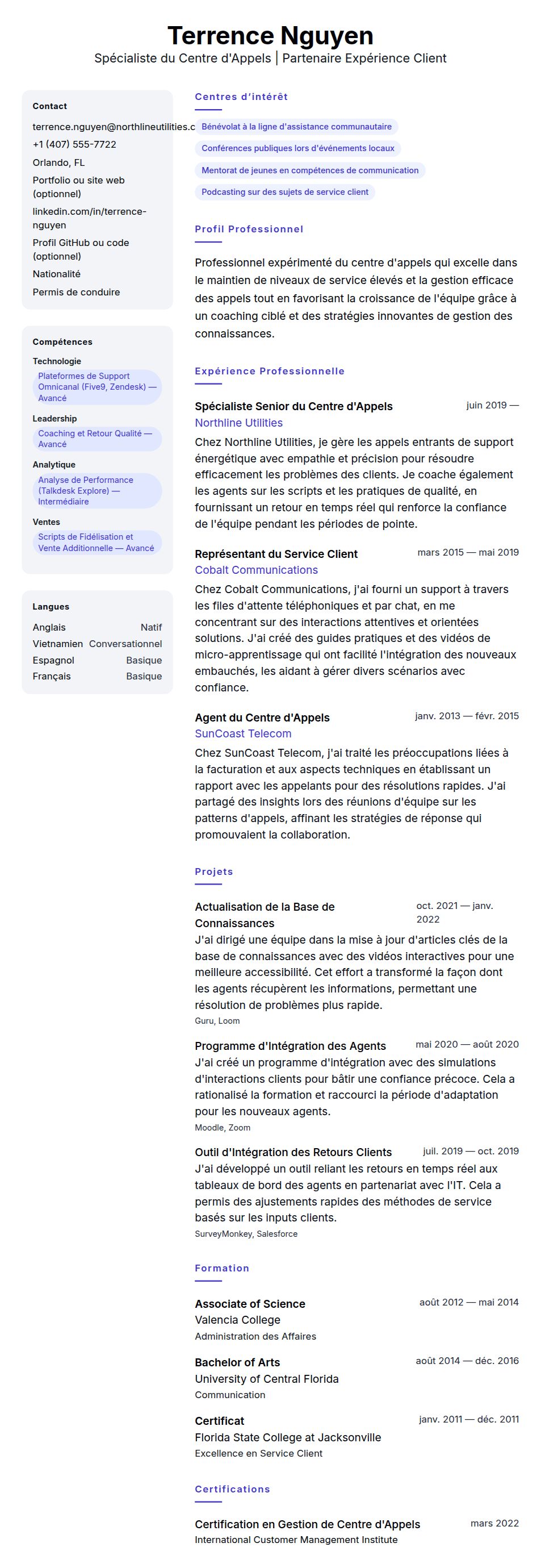 Aperçu du CV Exemple de CV de Professionnel du Centre d'Appels