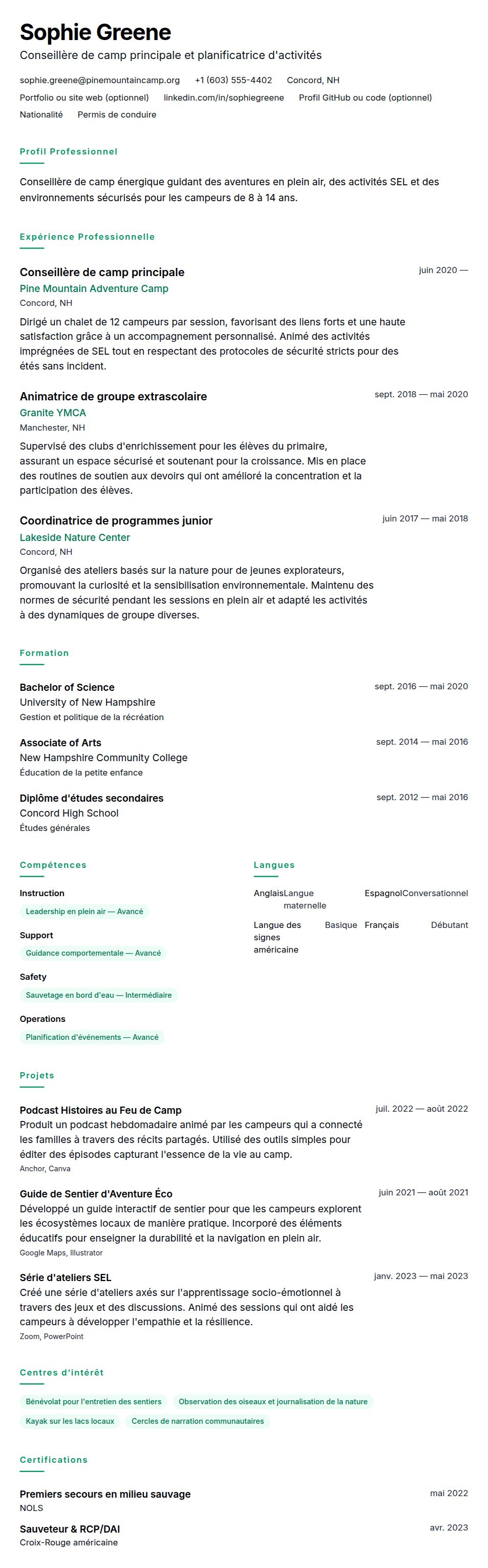 Exemple de CV de Conseiller de camp