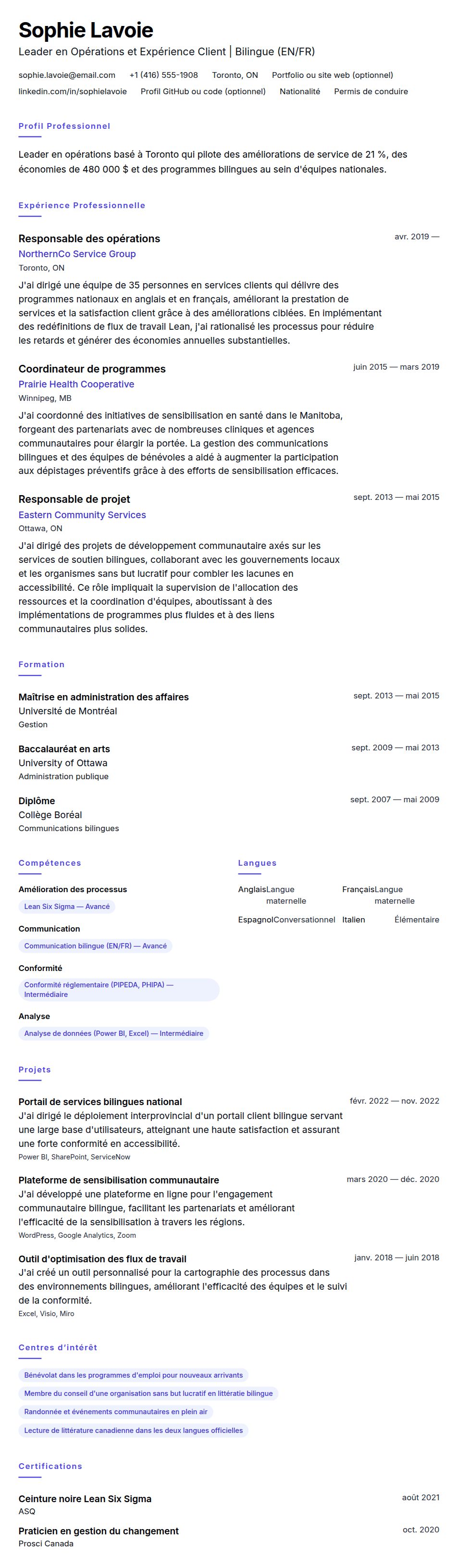 Aperçu du CV Exemple de CV au Format Canadien