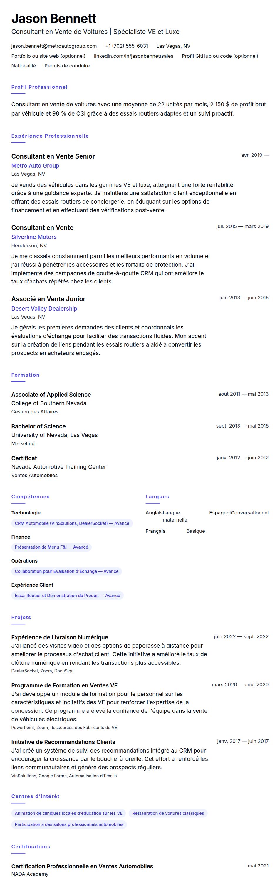 Aperçu du CV Exemple de CV de Consultant en Vente de Voitures
