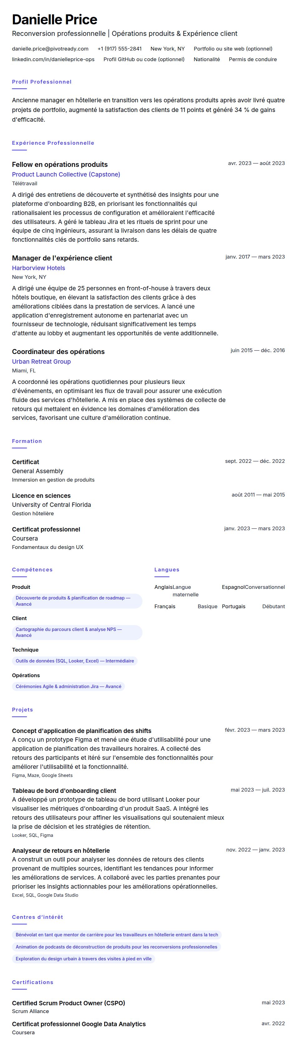 Aperçu du CV Exemple de CV de reconversion professionnelle