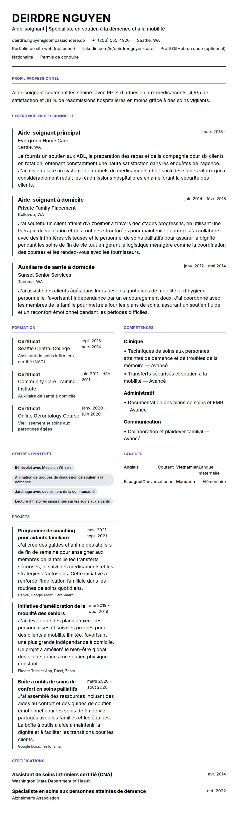 Aperçu du CV Exemple de CV d'Aide-soignant