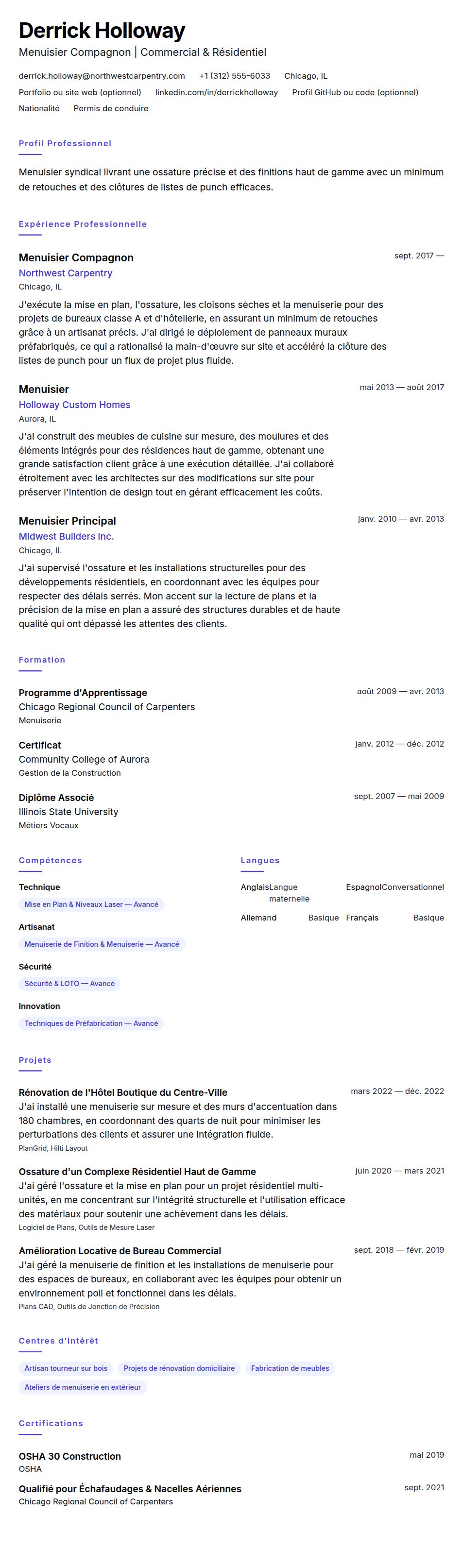 Aperçu du CV Exemple de CV de Menuisier