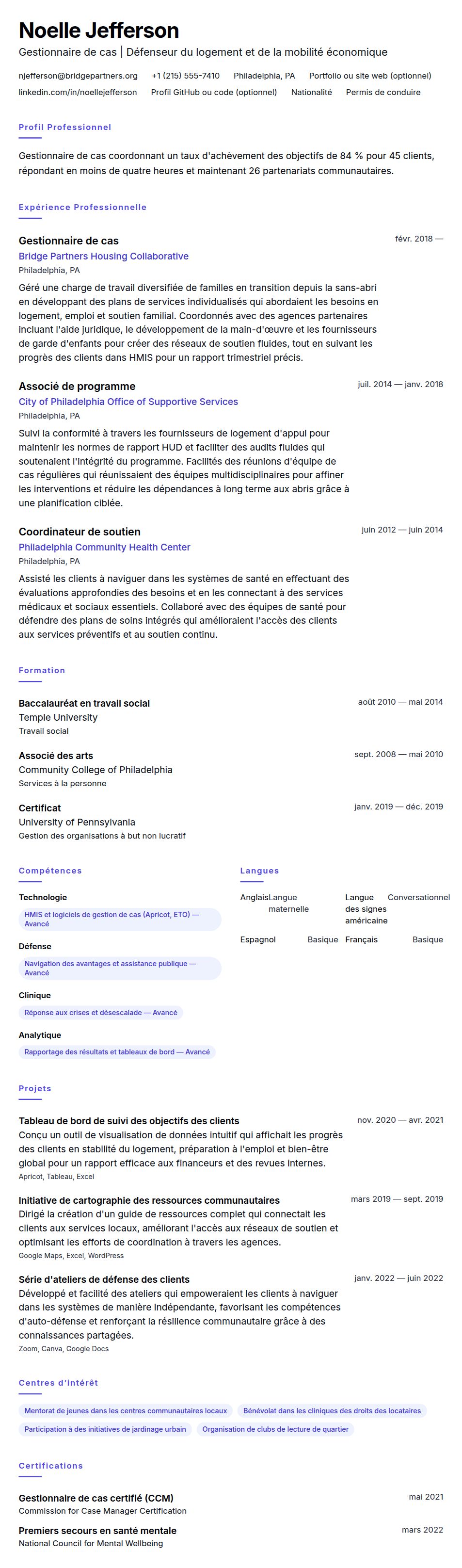 Aperçu du CV Exemple de CV de Gestionnaire de cas