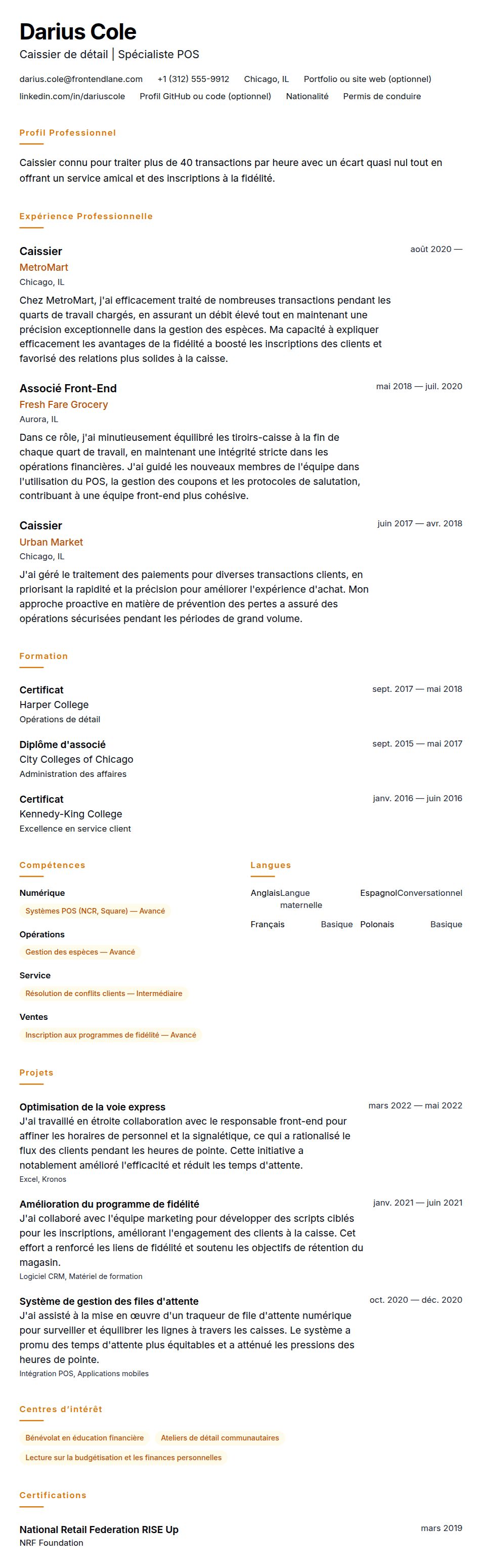 Exemple de CV de Caissier