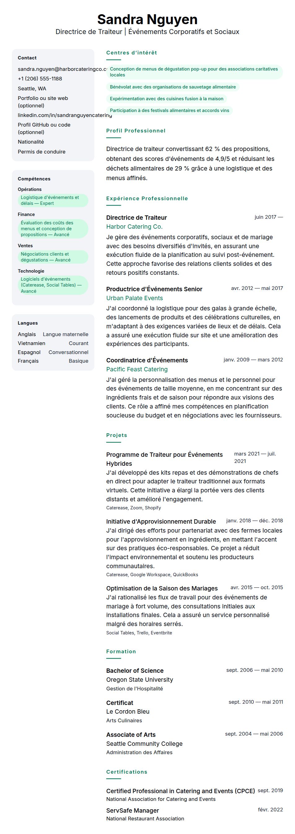 Aperçu du CV Exemple de CV de Traiteur