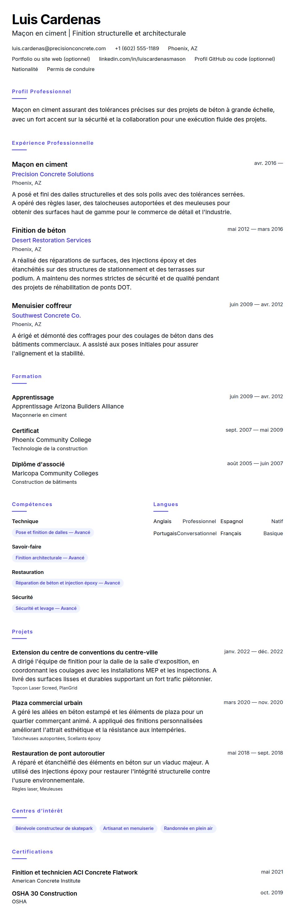 Aperçu du CV Exemple de CV de Maçon en ciment