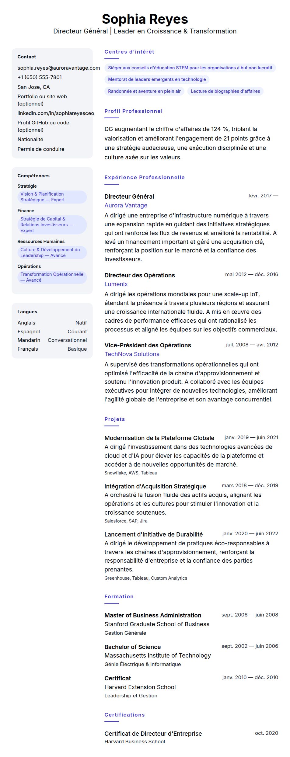 Aperçu du CV Exemple de CV de Directeur Général