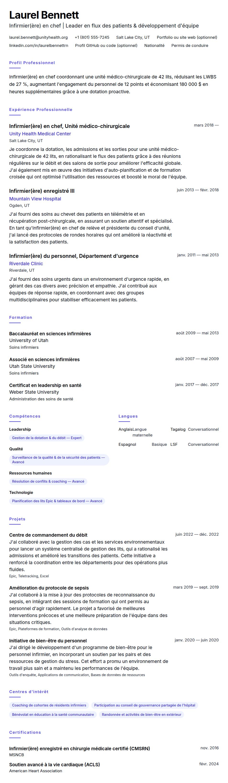 Aperçu du CV Exemple de CV d'Infirmier(ère) en chef