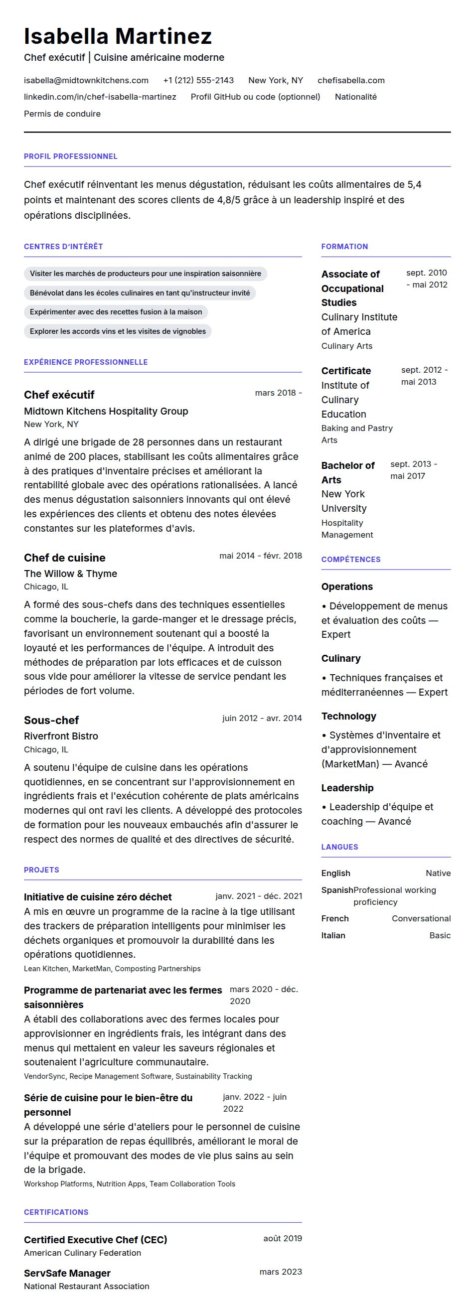 Exemple de CV de Chef