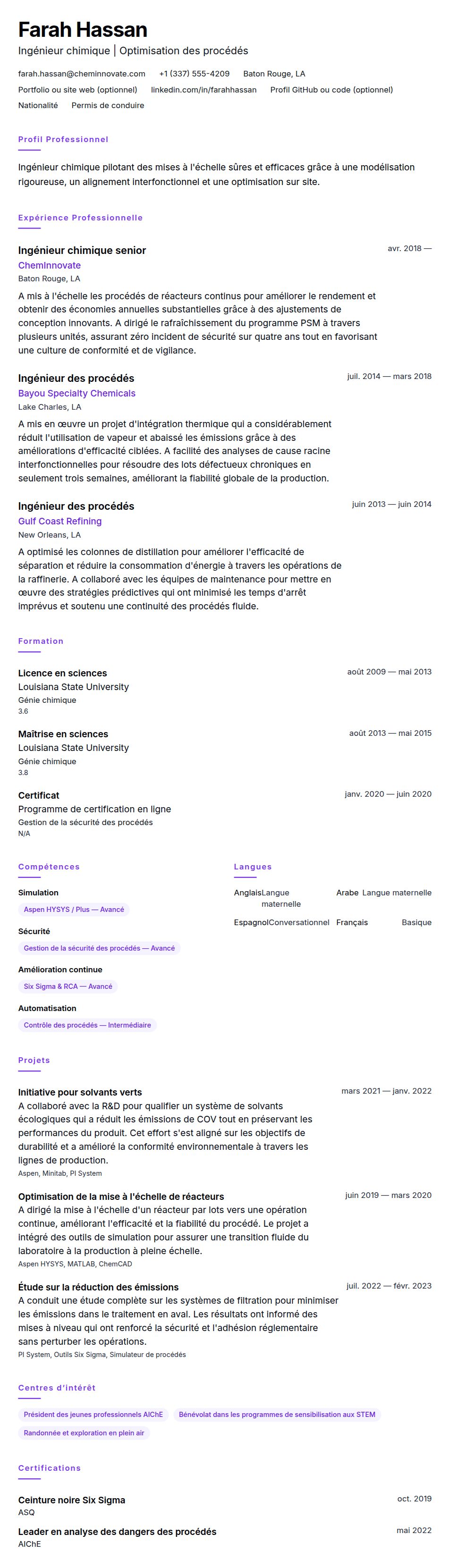 Exemple de CV d'ingénieur chimique