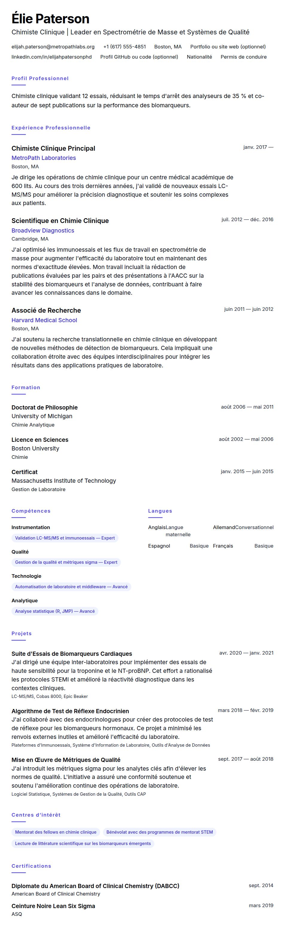 Aperçu du CV Exemple de CV de Chimiste Clinique