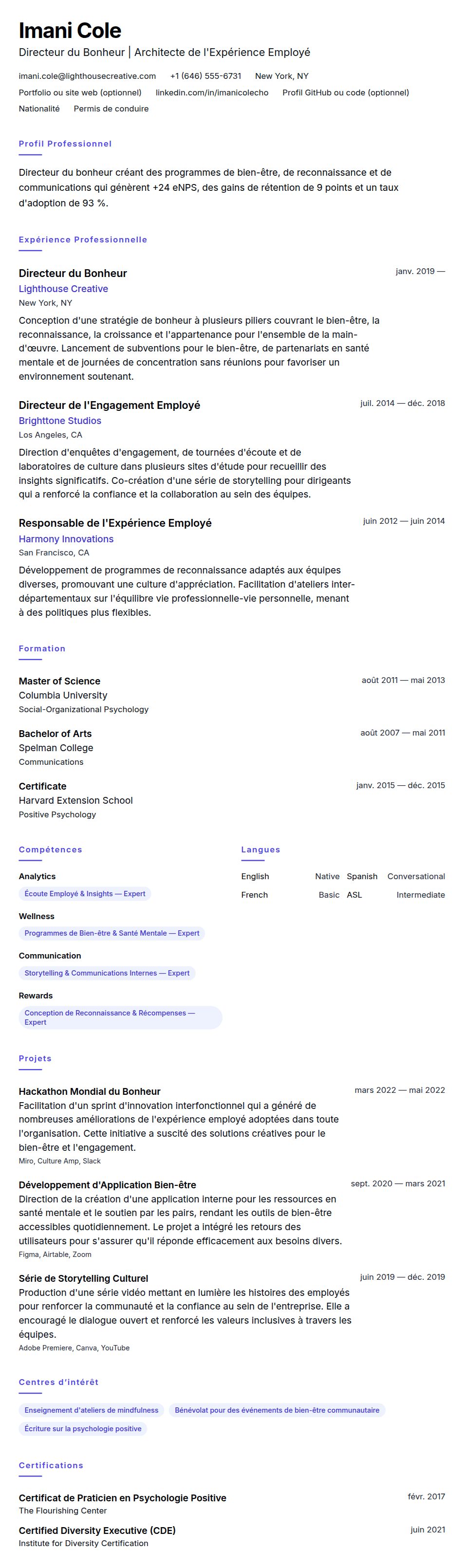Aperçu du CV Exemple de CV de Directeur du Bonheur (CHO)