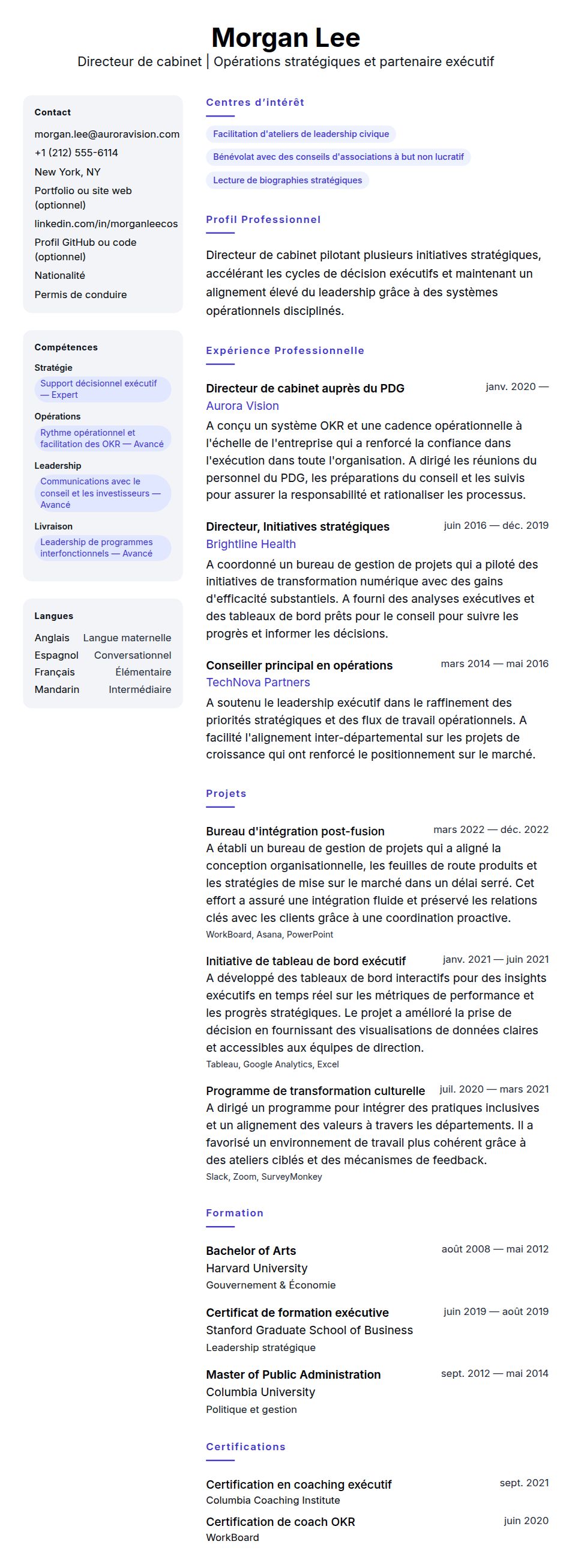 Aperçu du CV Exemple de CV de Directeur de cabinet