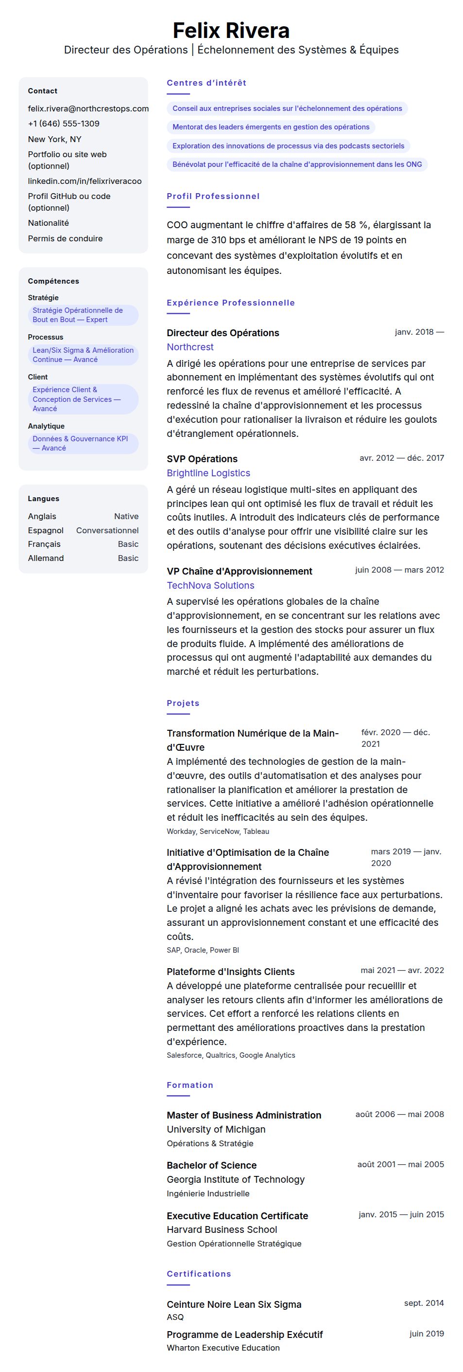 Aperçu du CV Exemple de CV de Directeur des Opérations