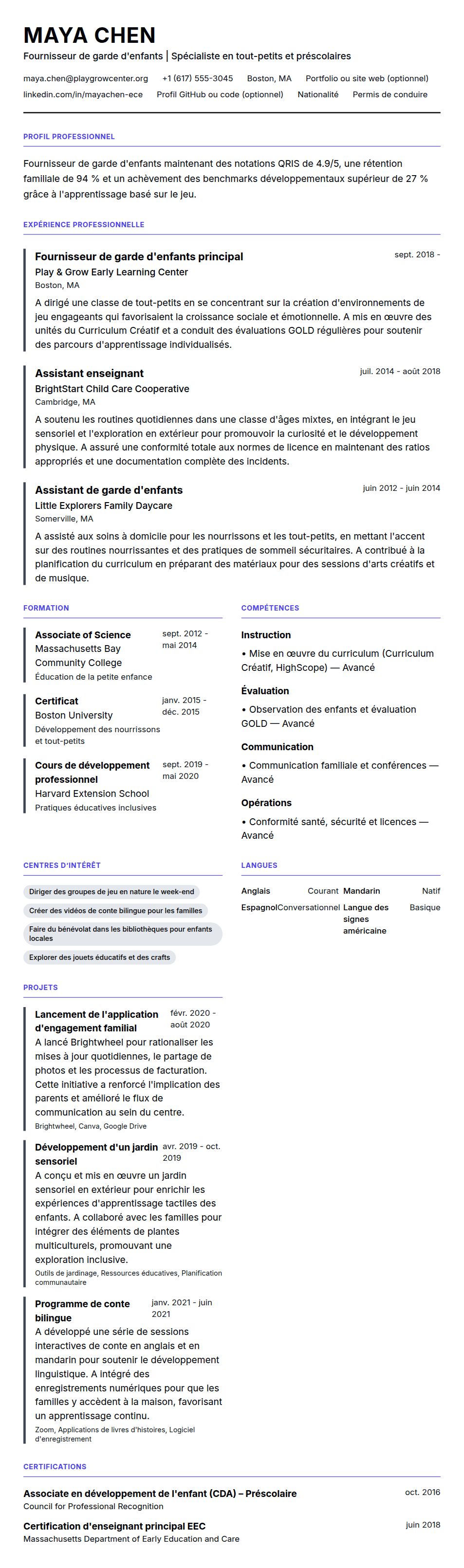 Aperçu du CV Exemple de CV pour Fournisseur de garde d'enfants