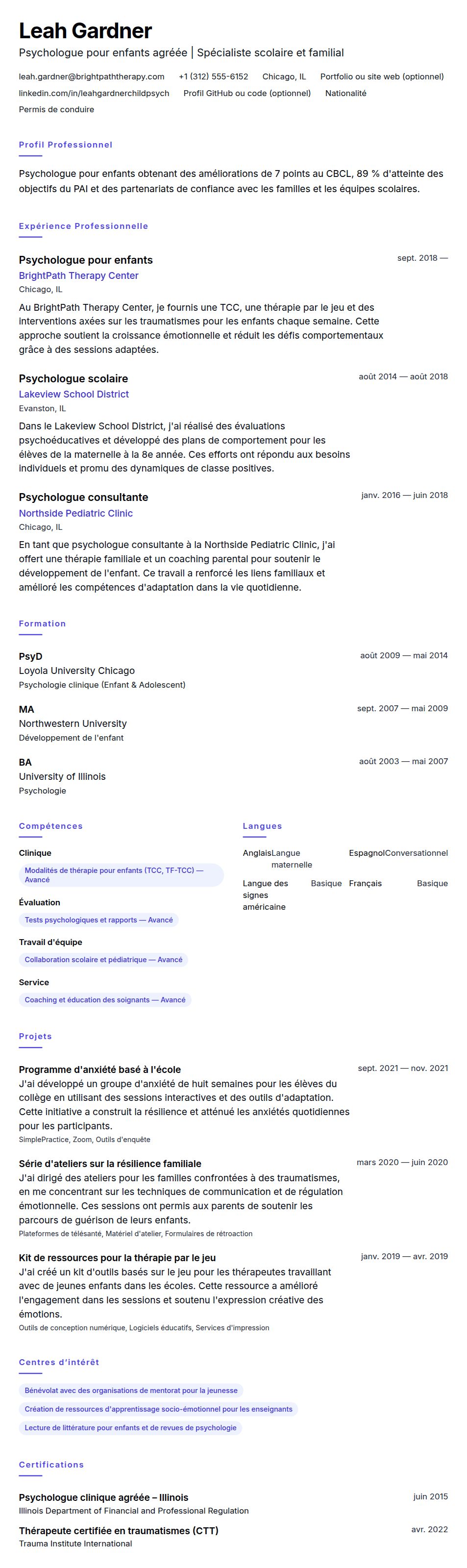 Aperçu du CV Exemple de CV de psychologue pour enfants