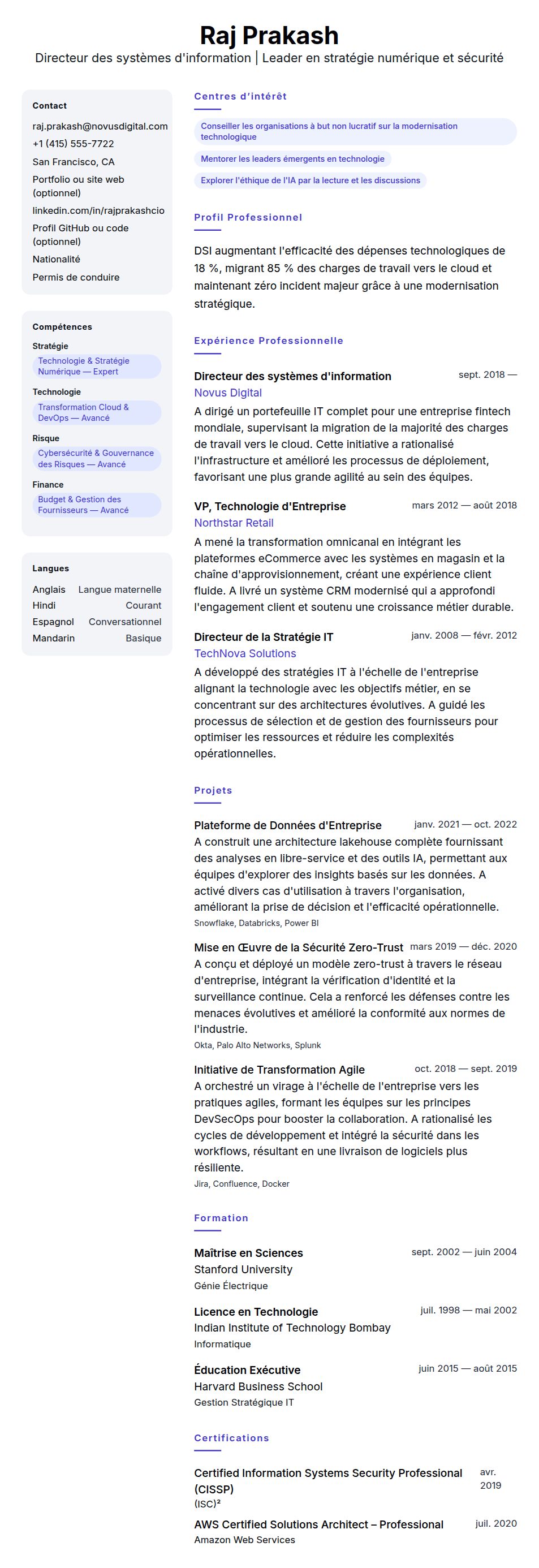 Aperçu du CV Exemple de CV de Directeur des systèmes d'information